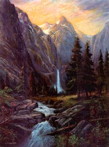 Misty Mountain Scene with waterfall